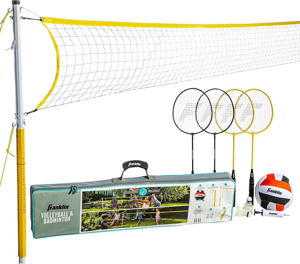 Volleyball + Badminton Combo Sets - Backyard + Beach Outdoor Volleyball + Badminton Net Set - Portable Badminton +