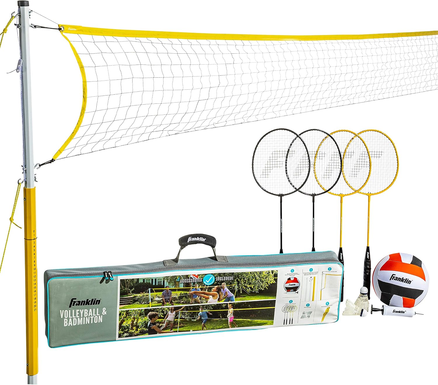 Volleyball + Badminton Combo Sets - Backyard + Beach Outdoor Volleyball + Badminton Net Set - Portable Badminton +