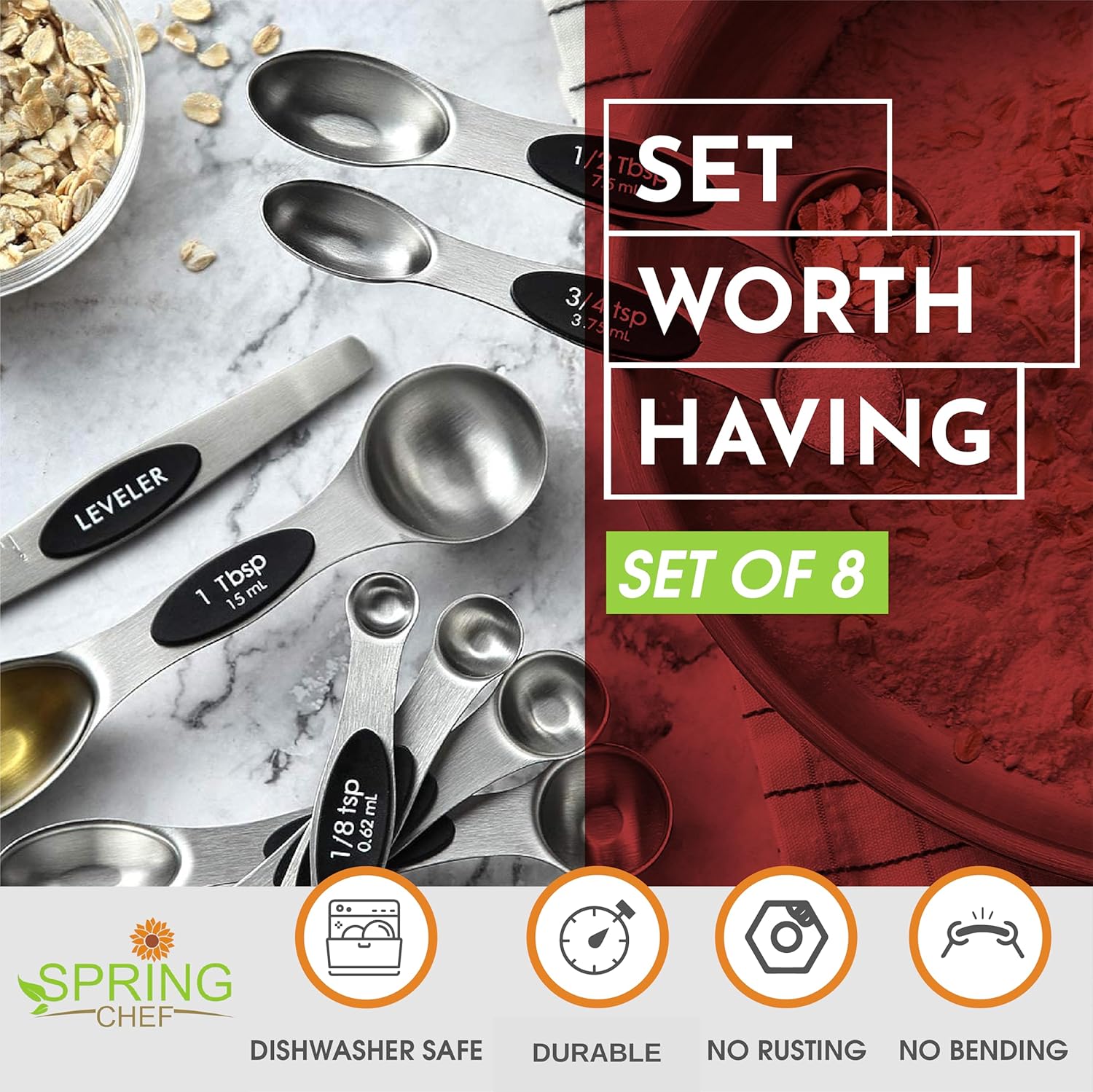 Stainless Steel Magnetic Measuring Spoons Set with Strong N45 Magnets, Heavy Duty Metal Kitchen Gadgets for Baking &