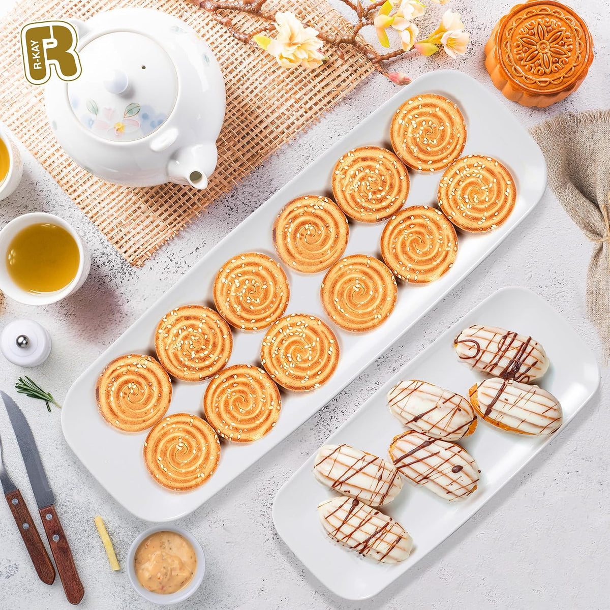 4 Pack White Plastic Serving Trays for Party - White Serving Tray 17 by 6.5 in - Rectangular Heavy Duty Dessert Trays