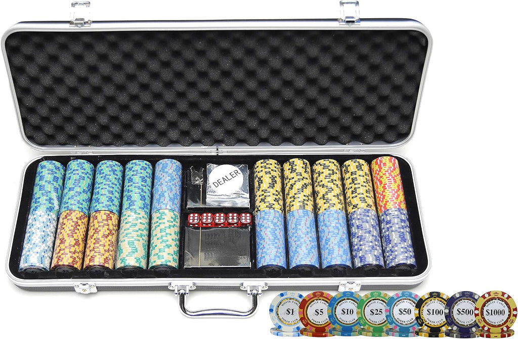 Monte Carlo Poker Club Chip Set 14 Gram for Texas Hold'em, Blackjack, Casino Gambling with Black ABS Case, Cards
