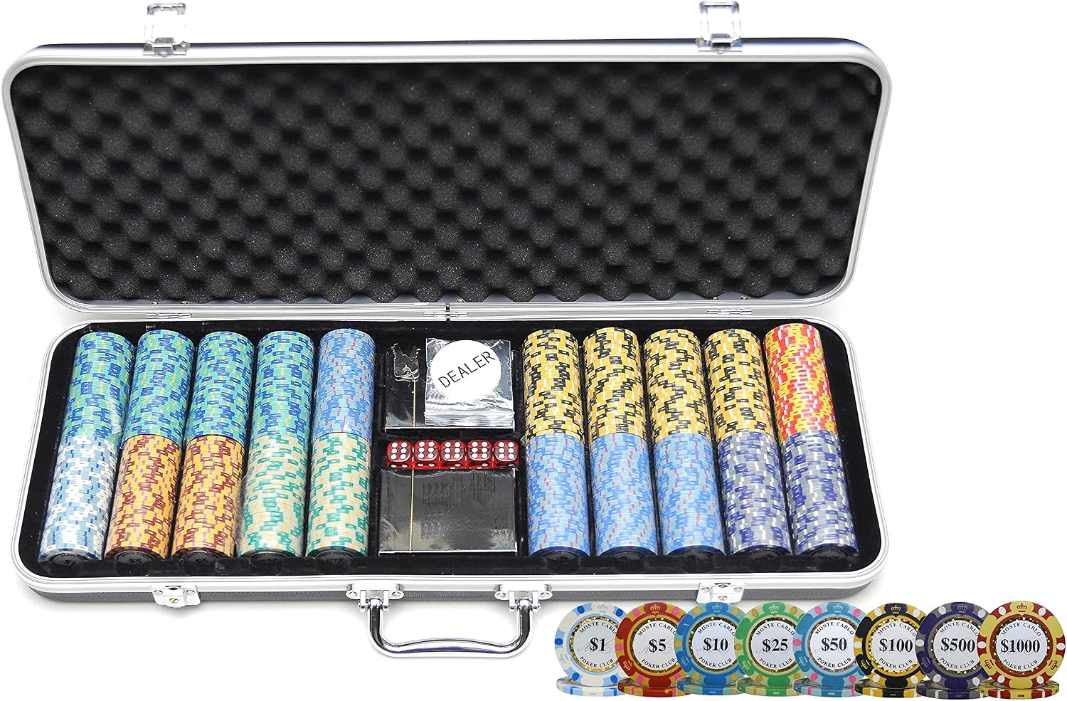 Monte Carlo Poker Club Chip Set 14 Gram for Texas Hold'em, Blackjack, Casino Gambling with Black ABS Case, Cards