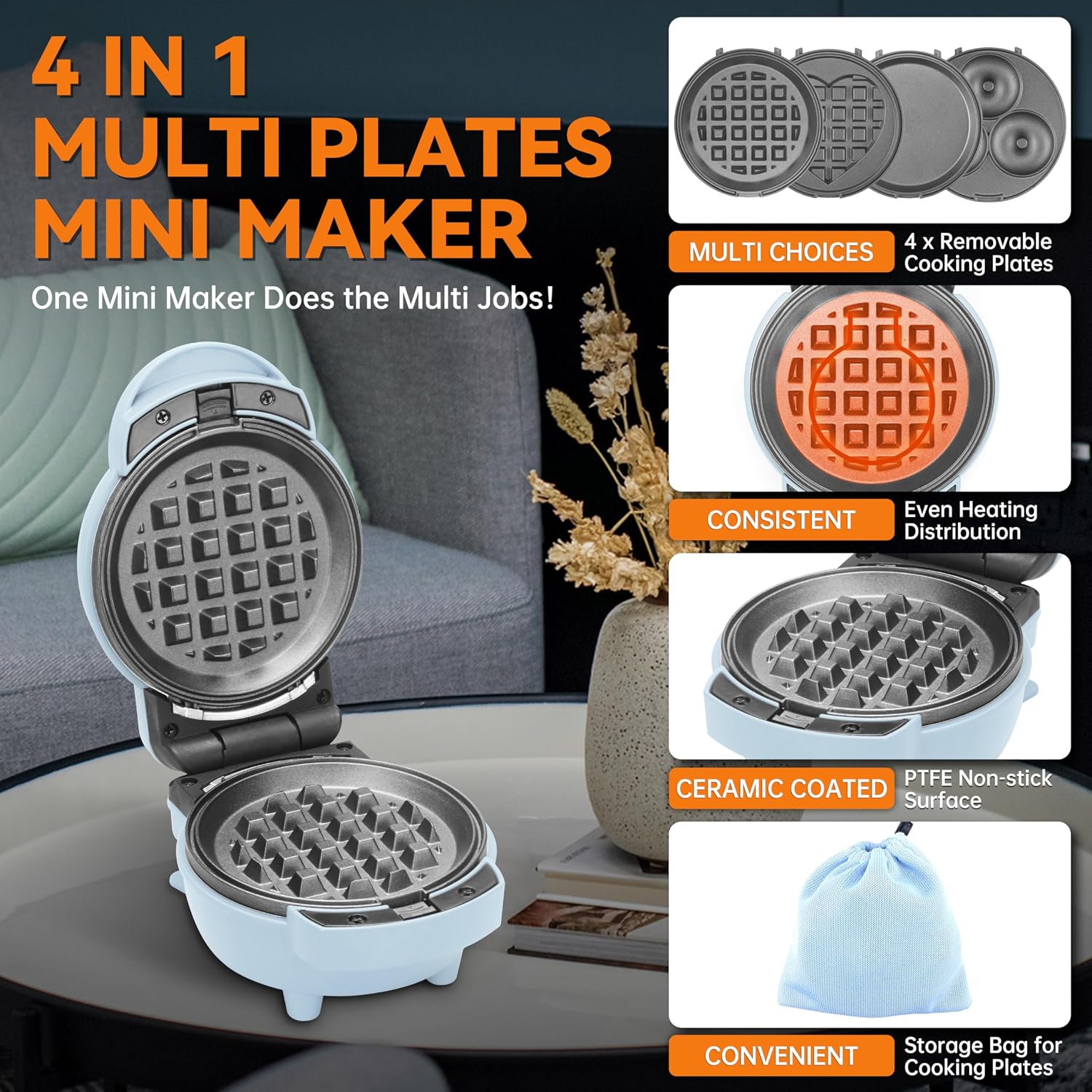 4 in 1 Mini Waffle Maker with Removable Plates, Set Includes Mini Pancake, Donut, Heart Shape Waffle Makers, Compact