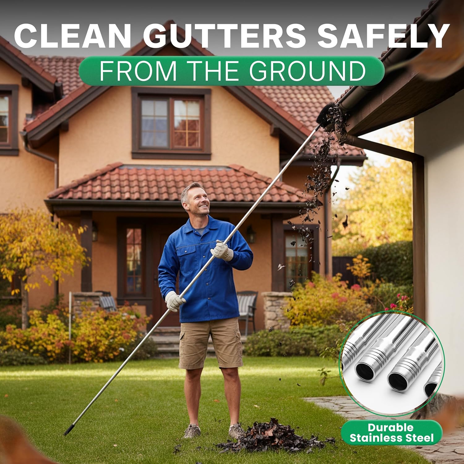 Premium 10.5 ft Gutter Cleaning Tools From The Ground Adjustable Gutter Cleaning with Pole No Ladder Needed Long