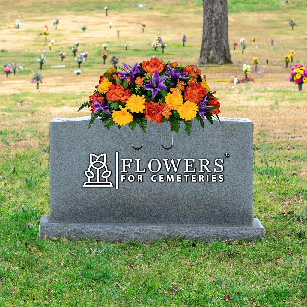 30" Headstone Flower Saddle Artificial Cemetery Flowers - Gravesite Flowers - Orange Peonies, Purple Lilies, and