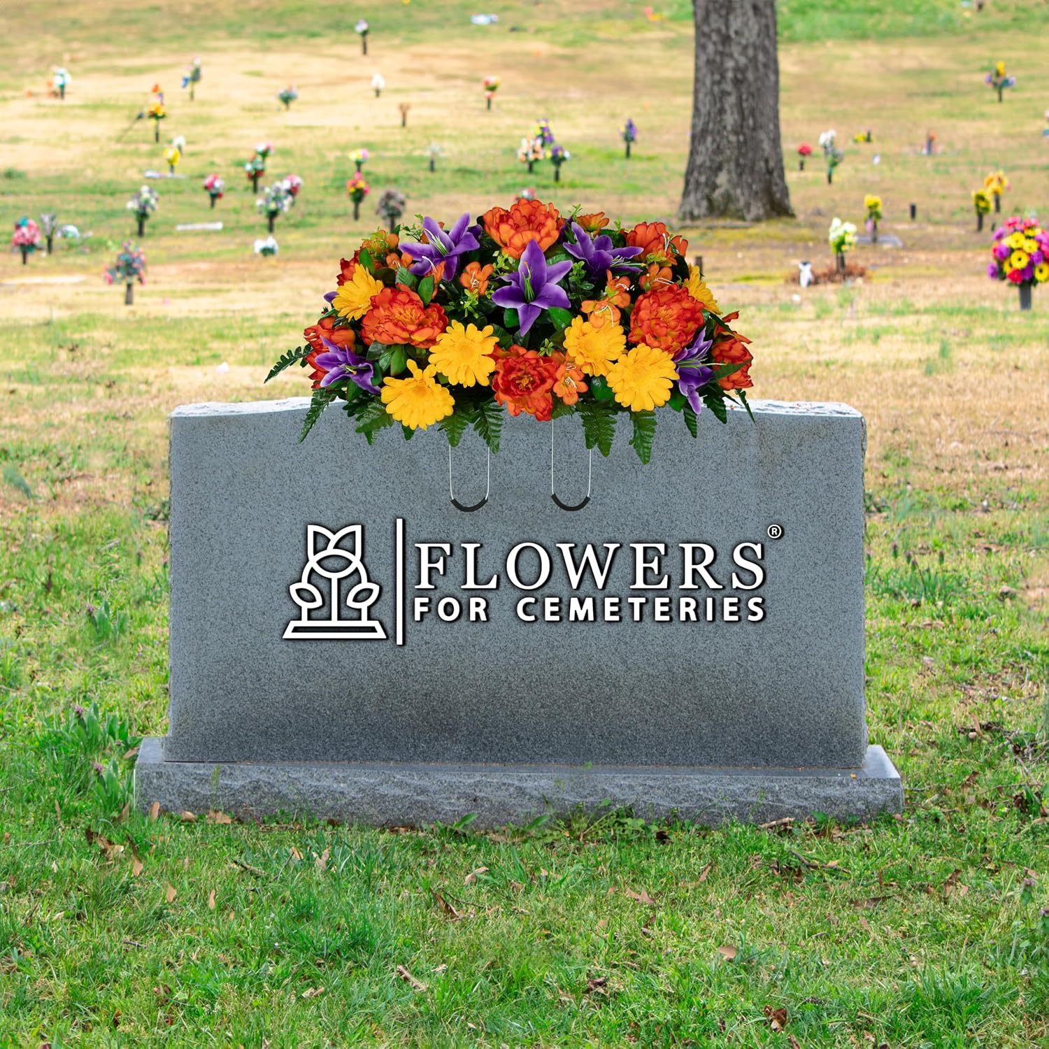 30" Headstone Flower Saddle Artificial Cemetery Flowers - Gravesite Flowers - Orange Peonies, Purple Lilies, and