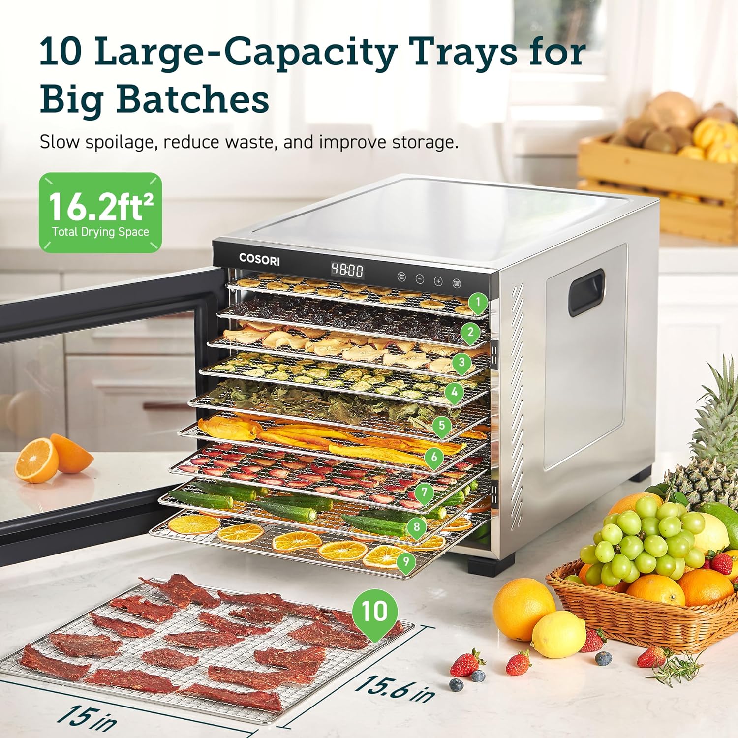 Food Dehydrator, 10 Stainless Steel Trays with 16.2 ft² Drying Space