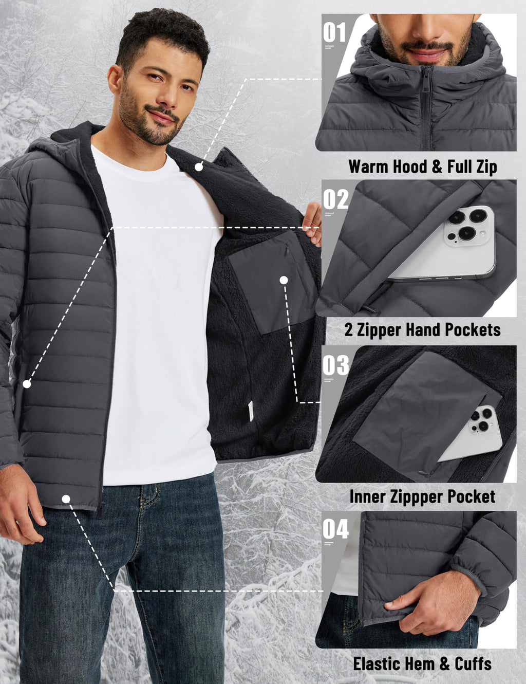 Mens Puffer Jacket with Hood Winter Sherpa Down Coat Dark Gray S