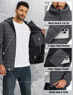 Mens Puffer Jacket with Hood Winter Sherpa Down Coat Dark Gray S