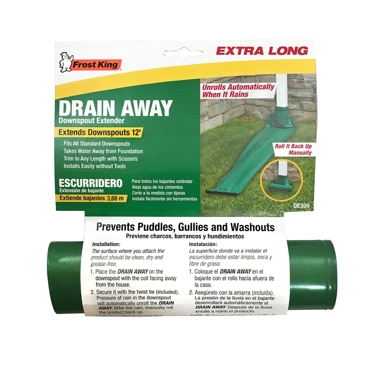 DE300 Standard Plastic Drain Away Downspout Extender, Extends 12-Feet, Green