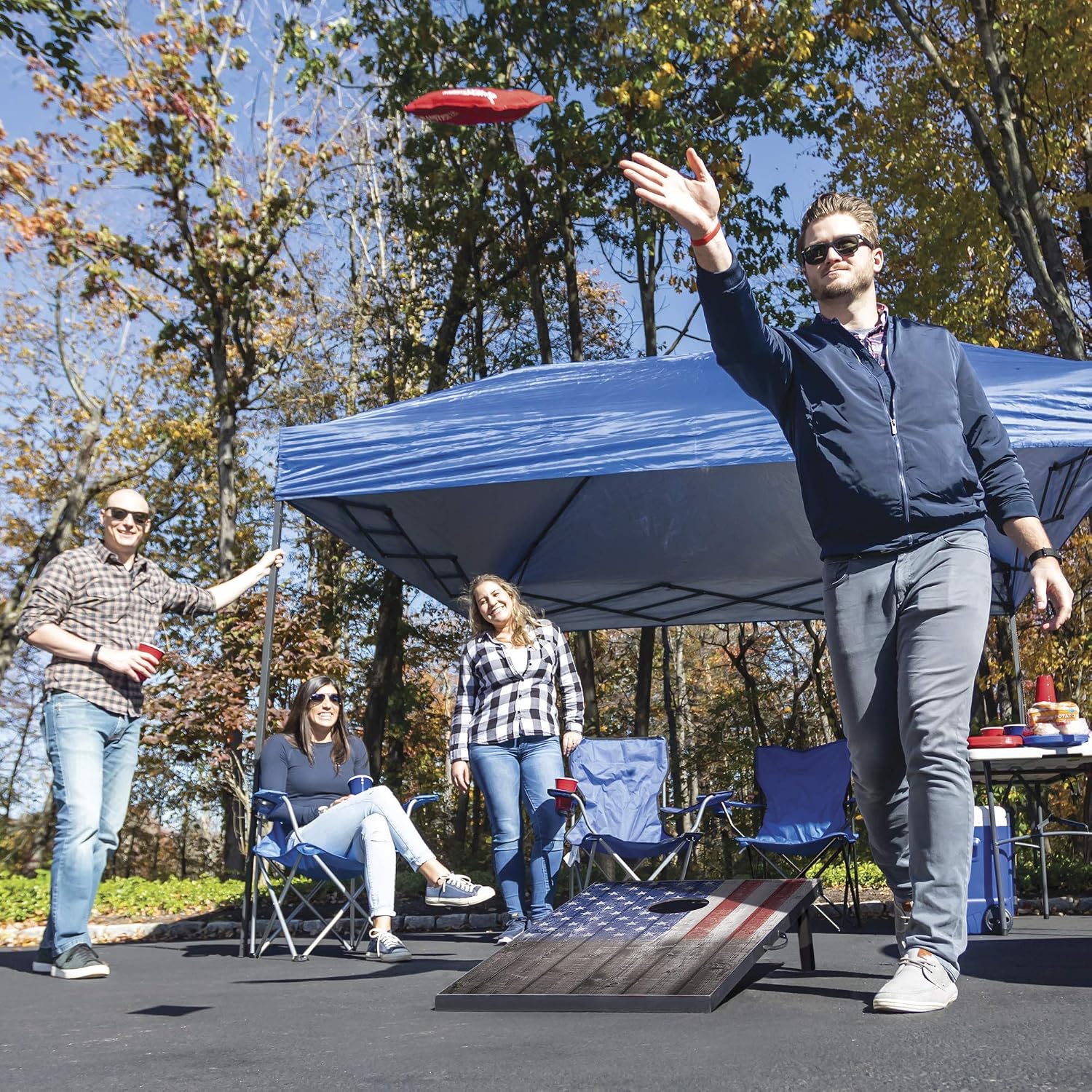 Stars & Stripes Cornhole Board Set, 2 Boards & 8 Bean Bags | Pre-Assembled Bean Bag Toss, Built-In Handle