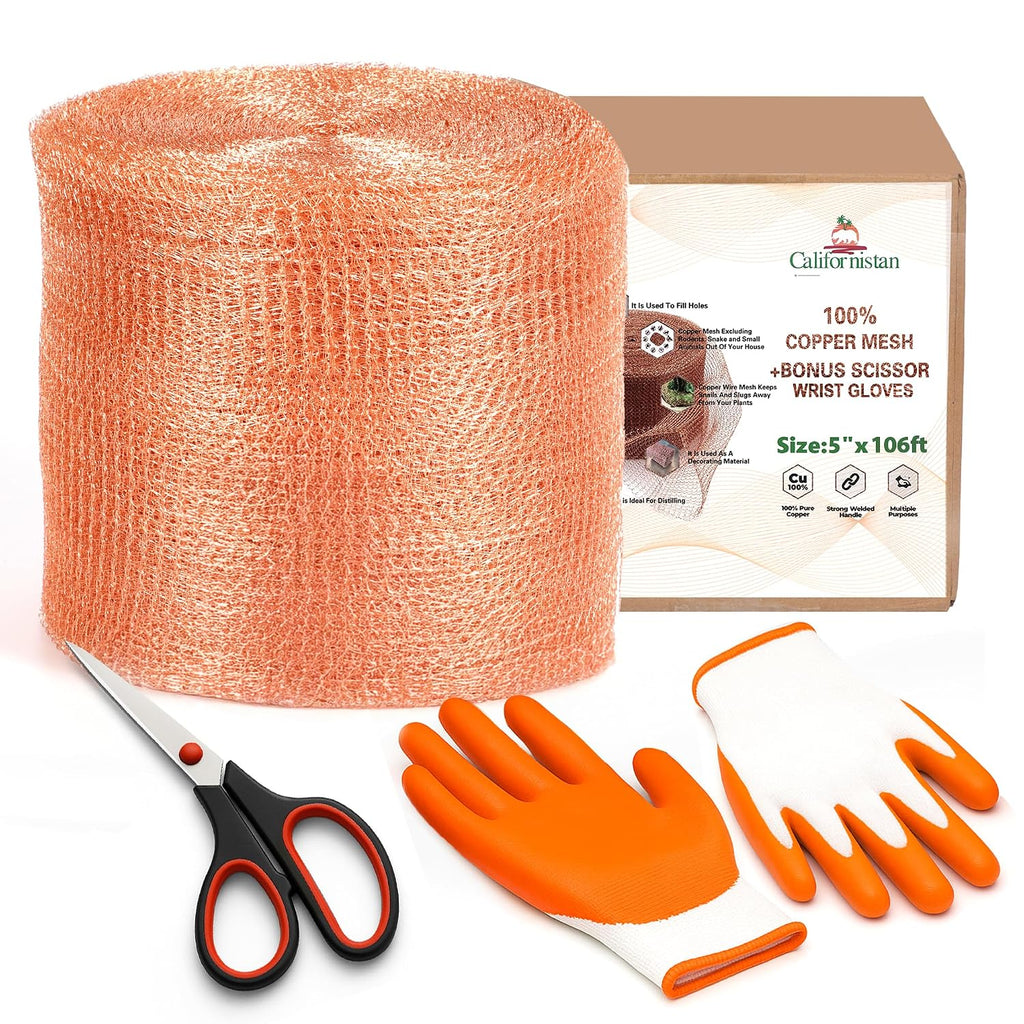 Copper Mesh Rodent Control Roll, 5 in x 106 ft, with Scissors and Gloves | Rustproof Copper Mesh Roll for Rodent, Bat