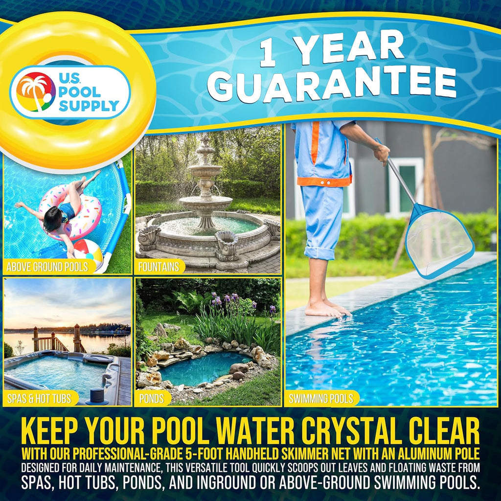Pool and Spa Skimmer Net with Pole, 30" Long Handheld Fine Mesh Pool Skimmer Net - Hand Held Spa, Hot Tub, Pond