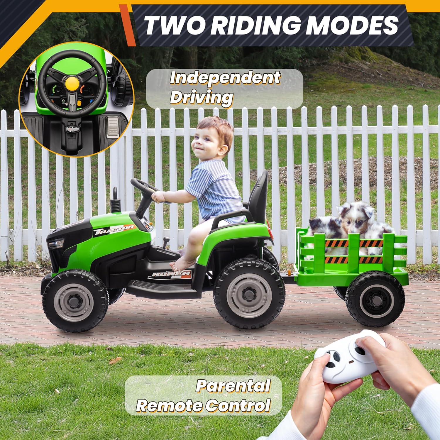 24V 7Ah Ride On Tractor w/Tiltable & Detachable Trailer, MOEYURO Kids Electric Vehicles Tractor w/400W Motors