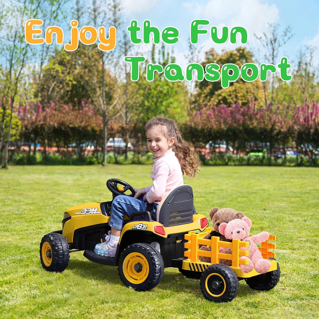 24V Ride On Tractor w/Tiltable & Detachable Trailer, EVA Tires, Up to 4.3Mph, Ride On Toys with Parental Remote