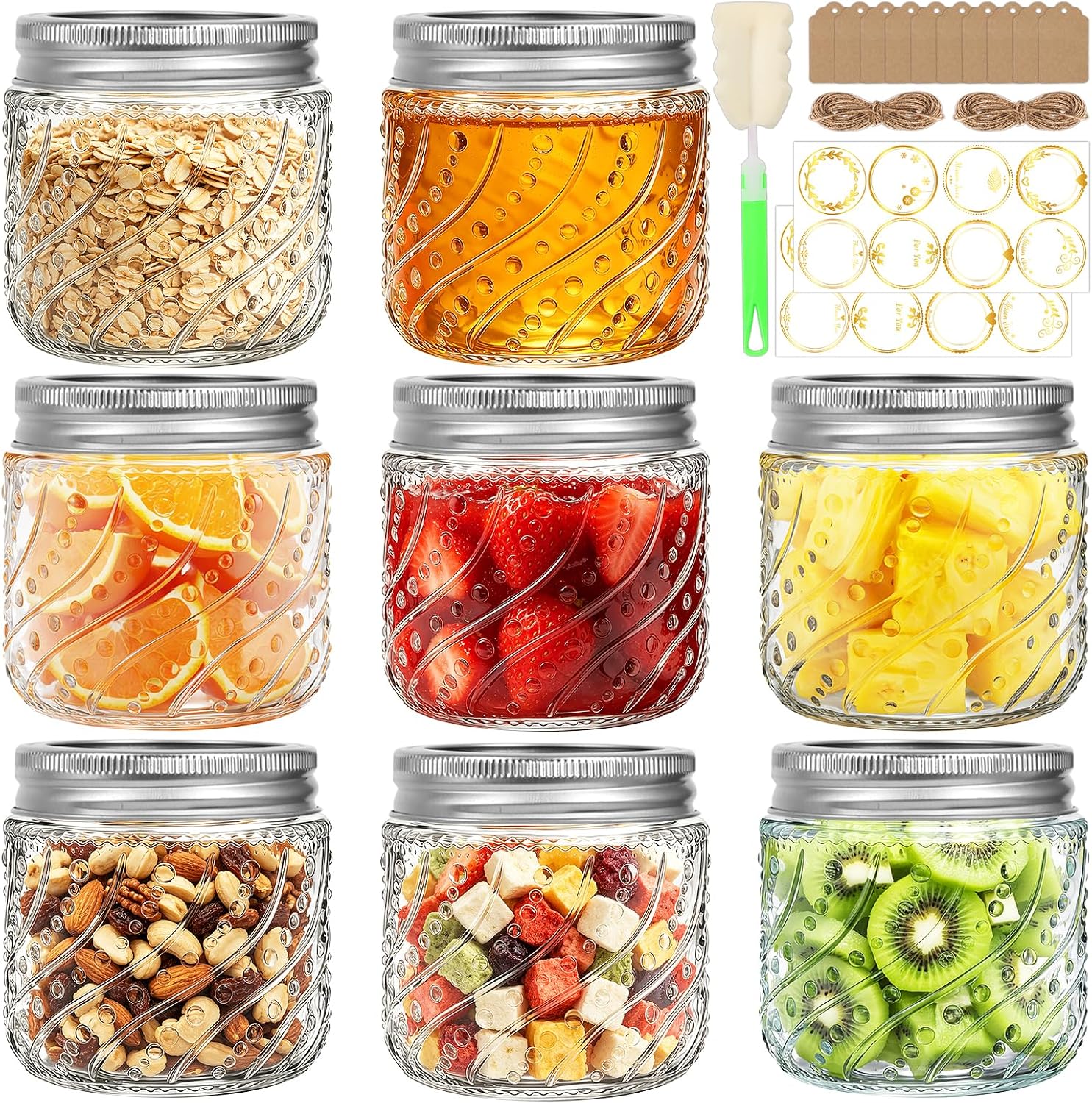 16oz Wide Mouth Mason Jars with Silver Lids and Bands, 8 Pack