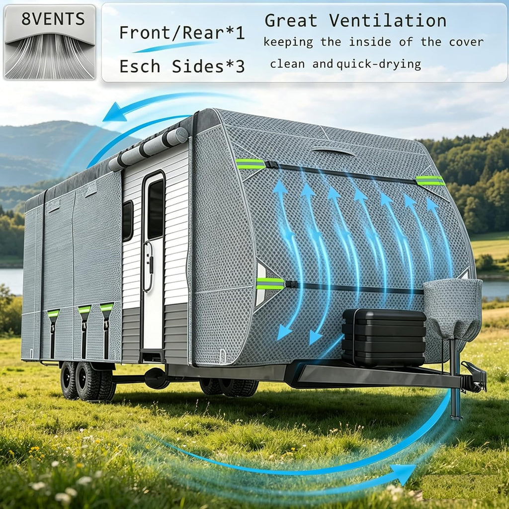 24-27FT RV Cover Upgraded 8 Layers Top Windproof Travel Trailer Camper Cover r for 24' to 27' RV, with Tire