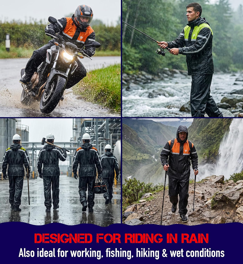 Waterproof Motorcycle Rain Suit, 2-Piece Reflective Gear, Lightweight Riding Jacket & Pants, Protective Raincoat with
