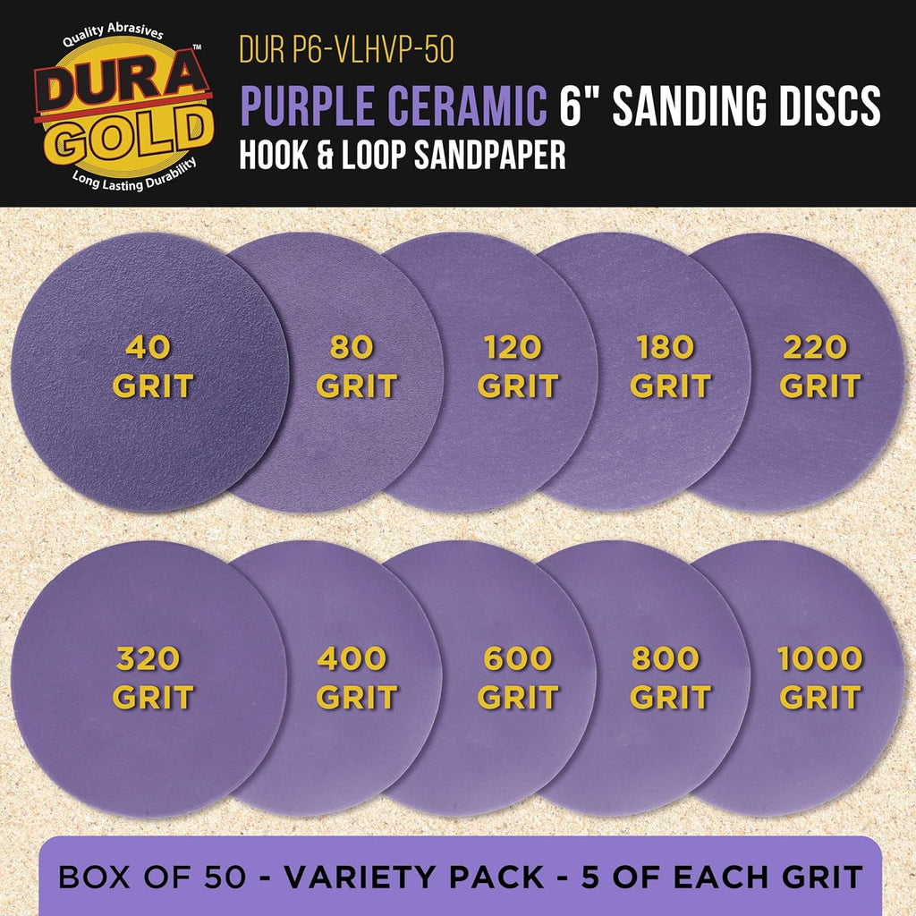 Premium 6" Purple Film Ceramic Sanding Discs, 50 Disc Variety Pack, Grits 60, 80, 120, 180, 220, 320, 400, 600, 800