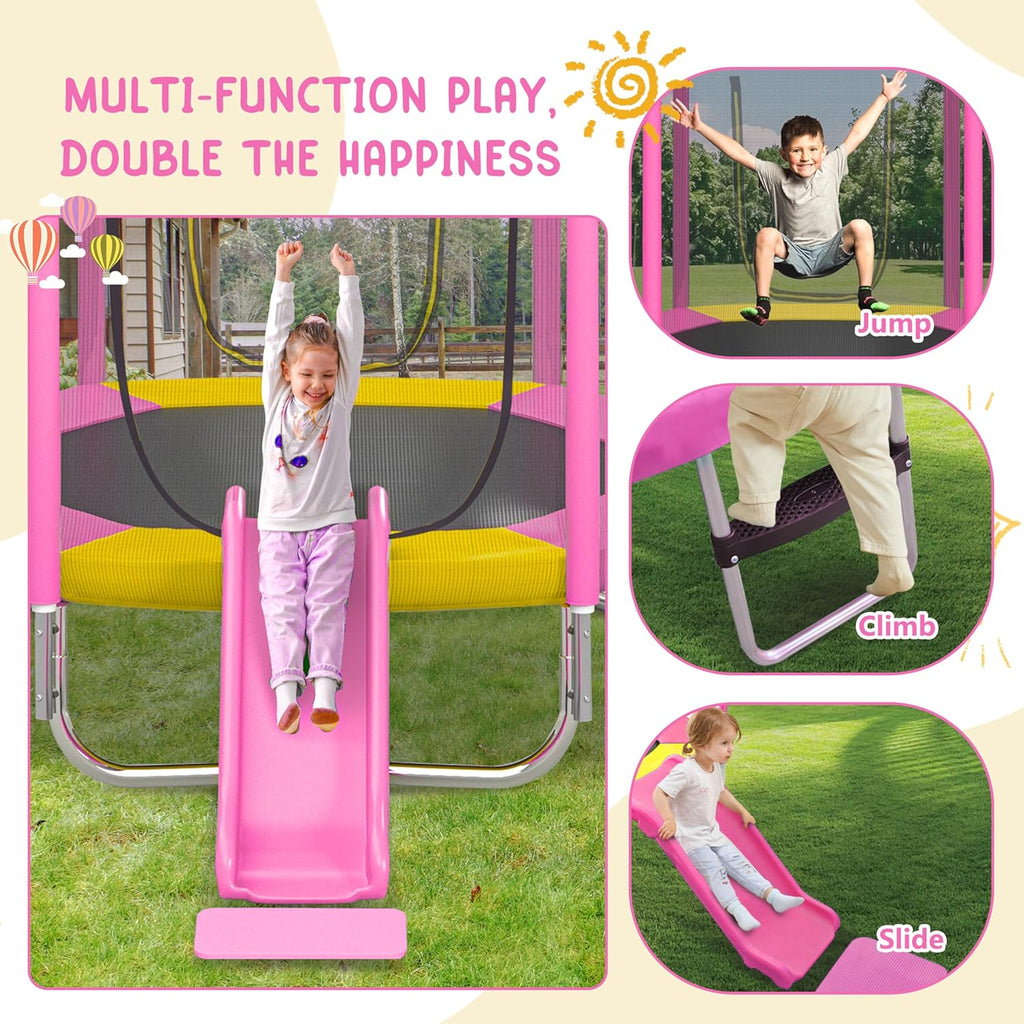 7FT Kids Trampoline with Safety Enclosure Net, Slide and Ladder, Easy Assembly Round Outdoor Recreational Trampoline