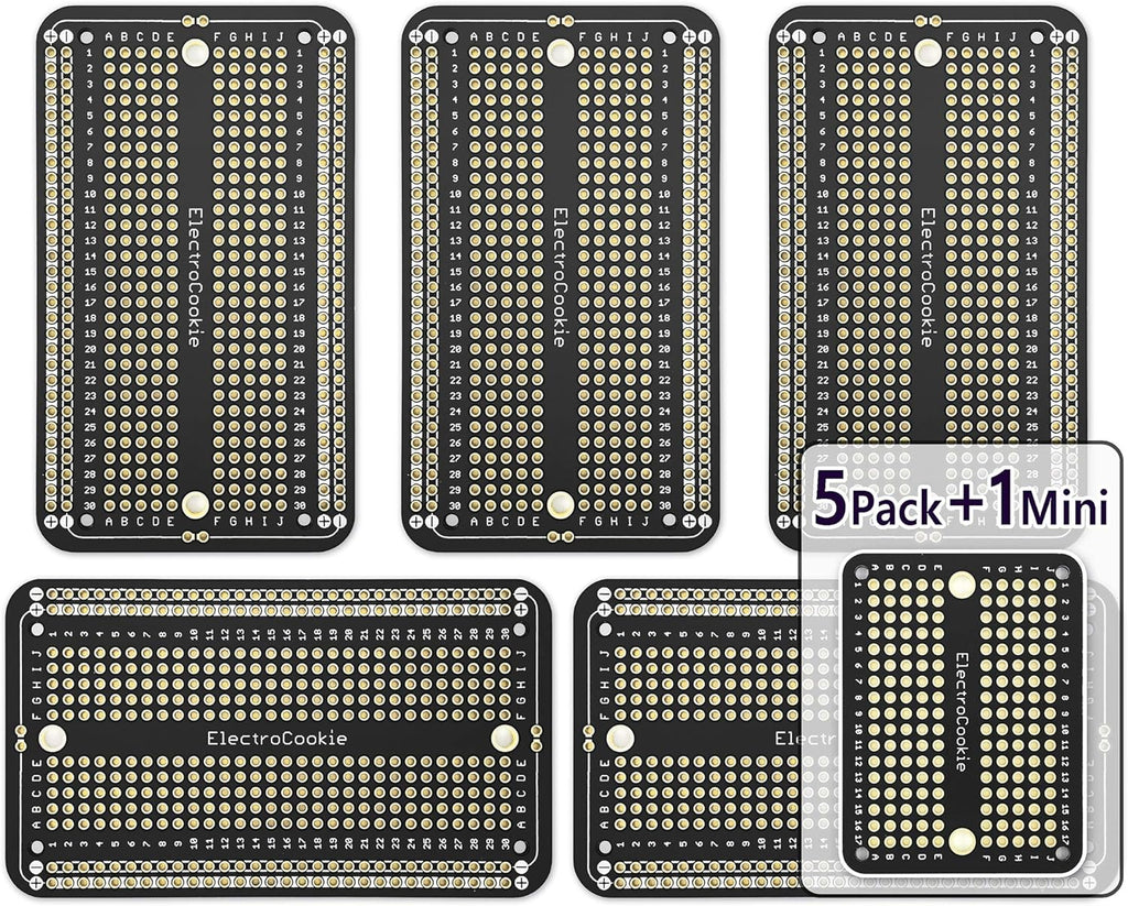 ElectroCookie Prototype PCB Solderable Breadboard for Electronics Projects Compatible for DIY Arduino Soldering Projects, Gold-Plated (5 Pack + 1 Mini Board, Matte Black)