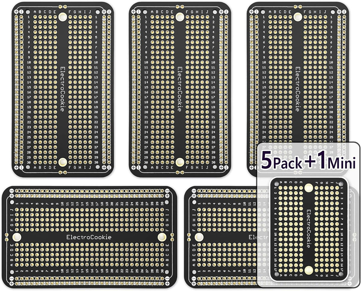 ElectroCookie Prototype PCB Solderable Breadboard for Electronics Projects Compatible for DIY Arduino Soldering Projects, Gold-Plated (5 Pack + 1 Mini Board, Matte Black)