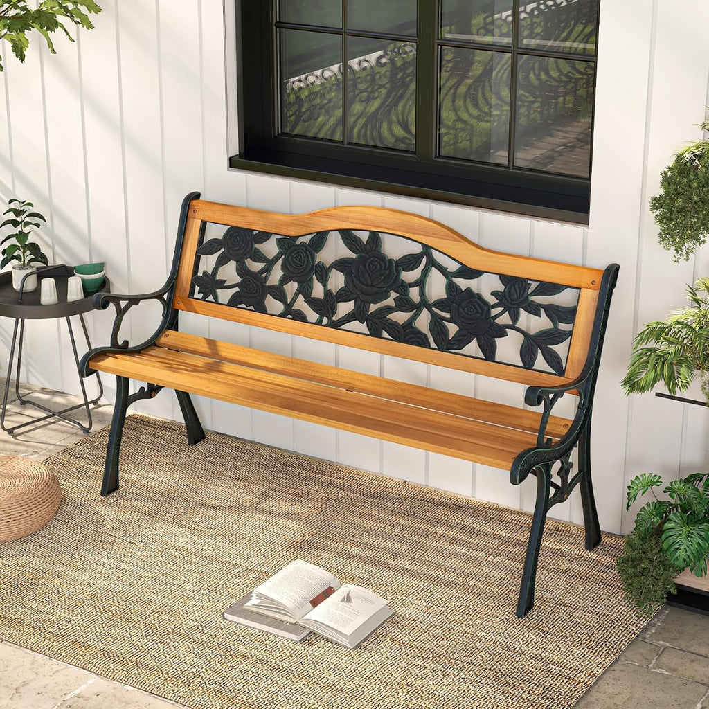 Outdoor Bench with Slatted Seat, Curved Armrests, Flower Pattern Backrest, 470 Lbs Capacity, Cast Iron Metal Patio