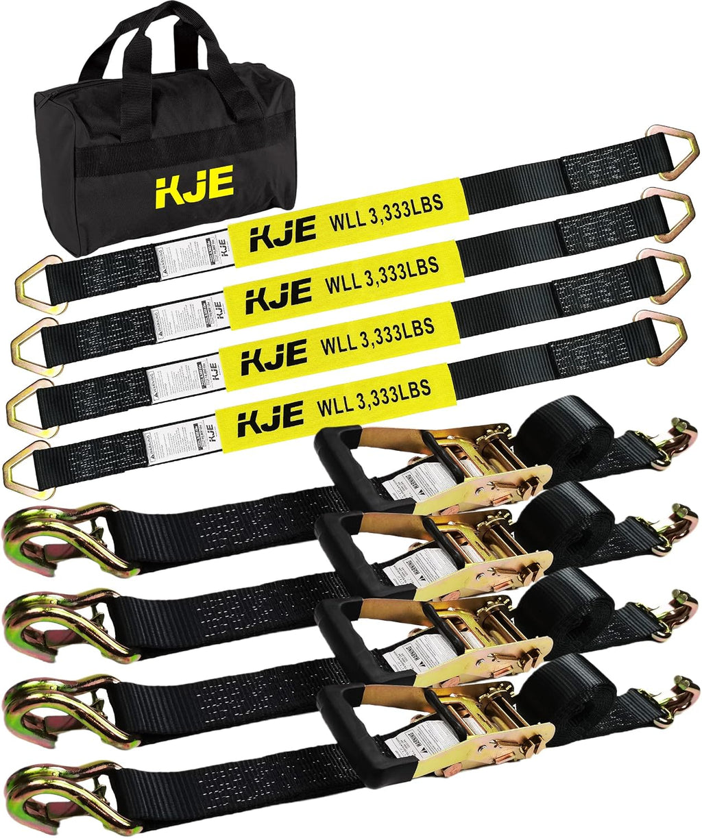 Heavy Duty Car Trailer Tie Down Straps 4 Pack Kit - 2" x 8' Ratchet Straps + J-Hooks with Clip, 2" x 36'' Axle Straps