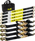 Heavy Duty Car Trailer Tie Down Straps 4 Pack Kit - 2" x 8' Ratchet Straps + J-Hooks with Clip, 2" x 36'' Axle Straps