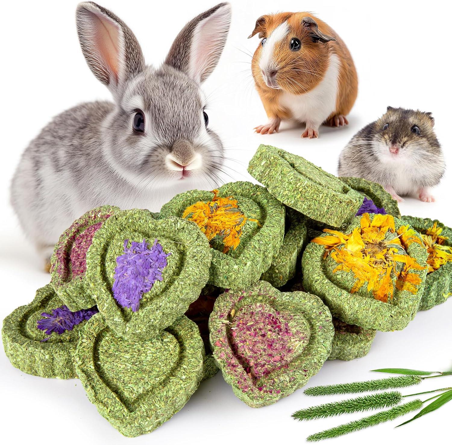 16Pcs Timothy Hay Treats - Natural Chews for Teeth - Handmade Rabbit, Chinchilla, Gerbil, Rat, Hamster Toys - Bunny &