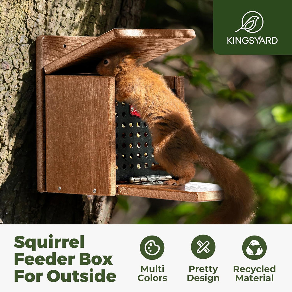 Squirrel Feeder Box for Outside, Recycled Plastic Squirrel Feeder with Removable Metal Front Panel & Perch, Easy to