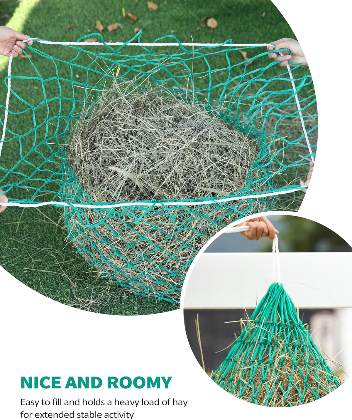Slow Feed Hay Net for Horses, 40 Inch Hay Bag Holds 1–2 Flakes, 2 Inch Mesh Durable Hanging Feeder for Stable