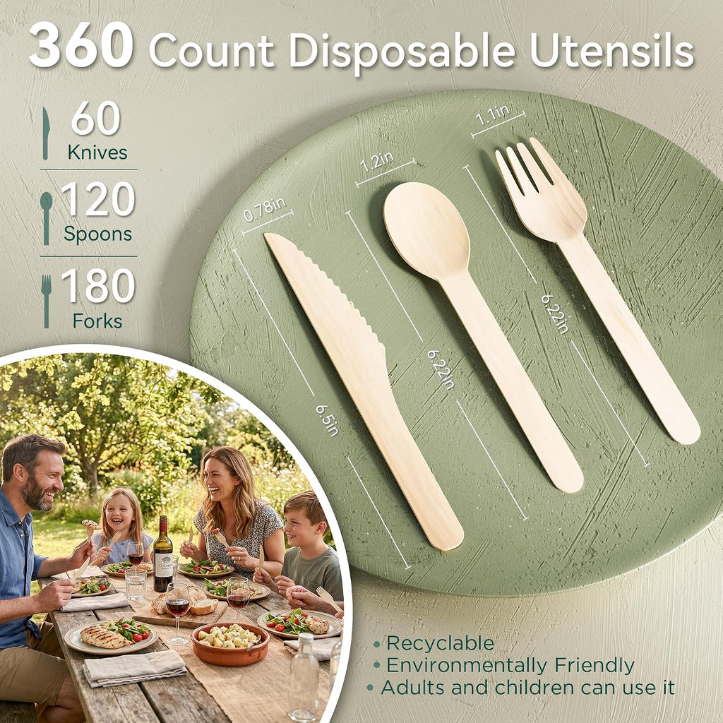 360 Count Disposable Wooden Cutlery Set, Forks, Spoons & Knives