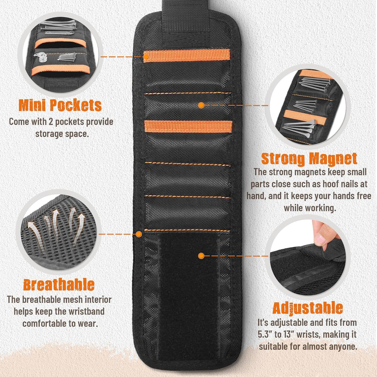 Magnetic Wrist Magnets for Holding Horseshoe Nails by Adjustable Using a Simple Hook and Loop Closure