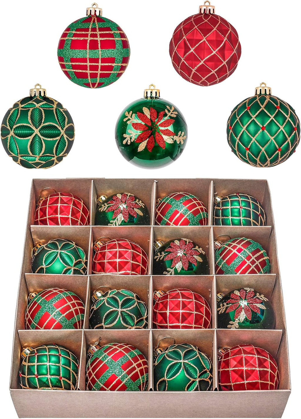 16ct Christmas Ball Ornaments Set, Red Green and Gold Shatterproof Hanging Decorations for Trees, 3.15 Inches