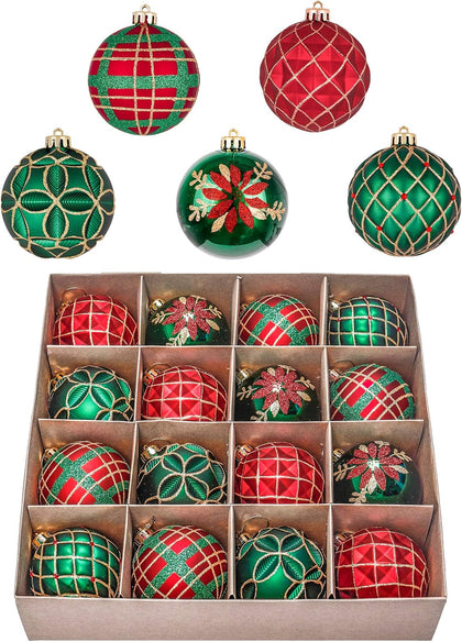 16ct Christmas Ball Ornaments Set, Red Green and Gold Shatterproof Hanging Decorations for Trees, 3.15 Inches