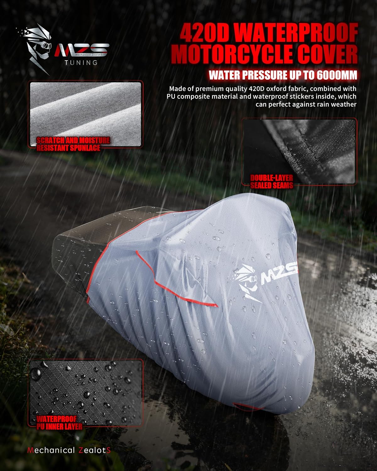 Motorcycle Cover Waterproof Outdoor, Heavy Duty All Season Weather Sun Protection with Storage Bag Vents Night