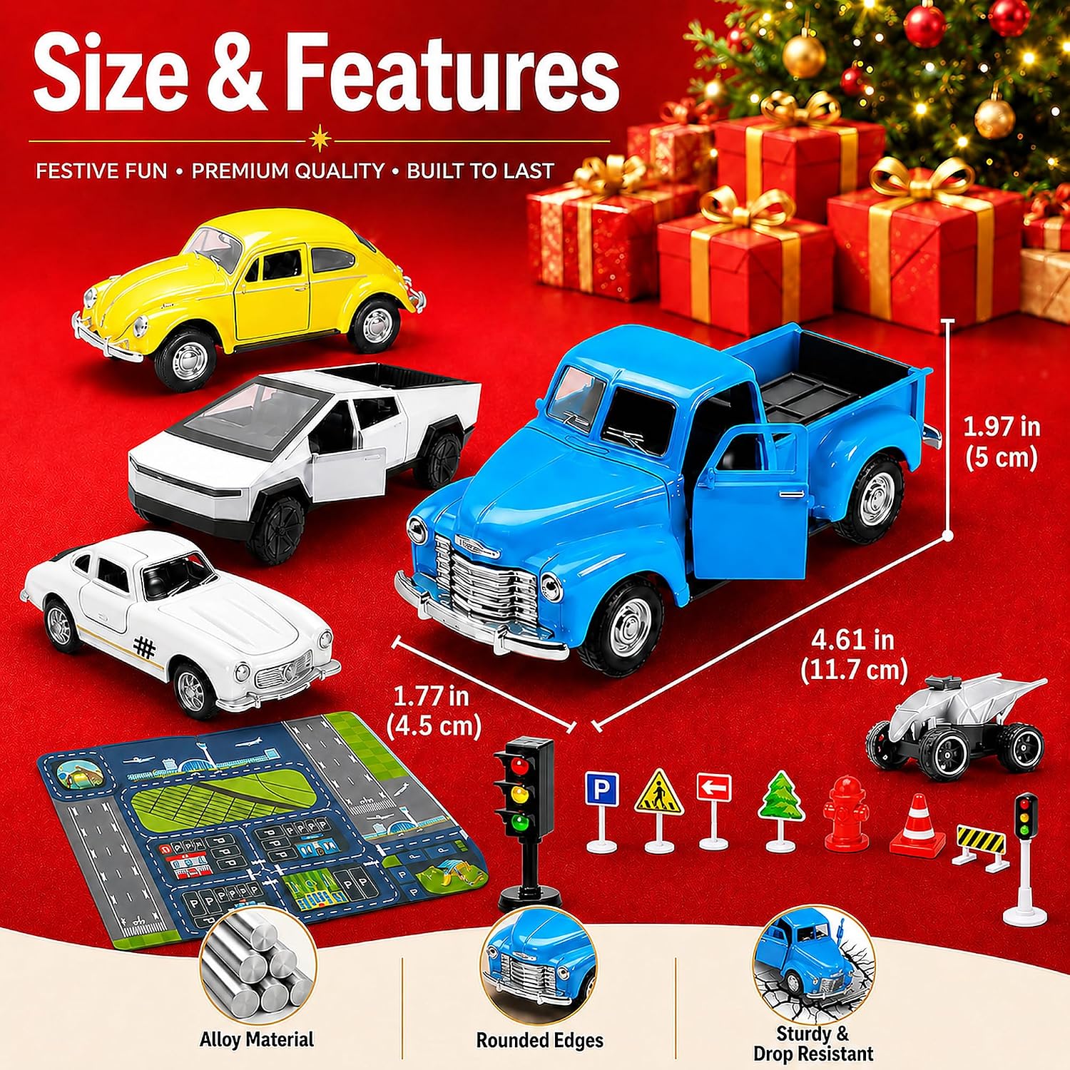 1:32 Die Cast Pull Back Truck Toys for Kids, Alloy Toy Cars with Openable Doors, Road Signs & Map Playset, Birthday