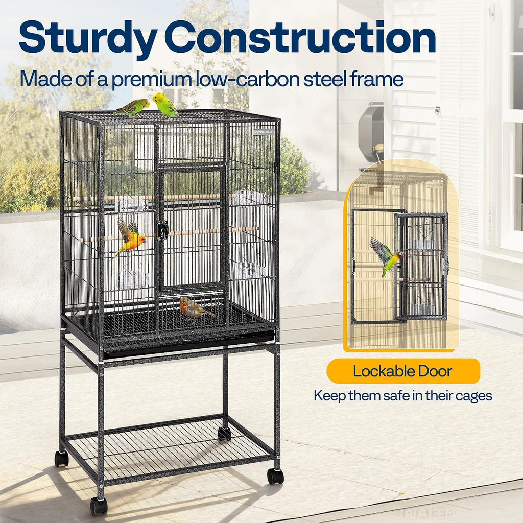 54 Inch Wrought Iron Large Bird Cage with Rolling Stand | Bird Flight Cage with Stand, Casters, Slide-out Tray for