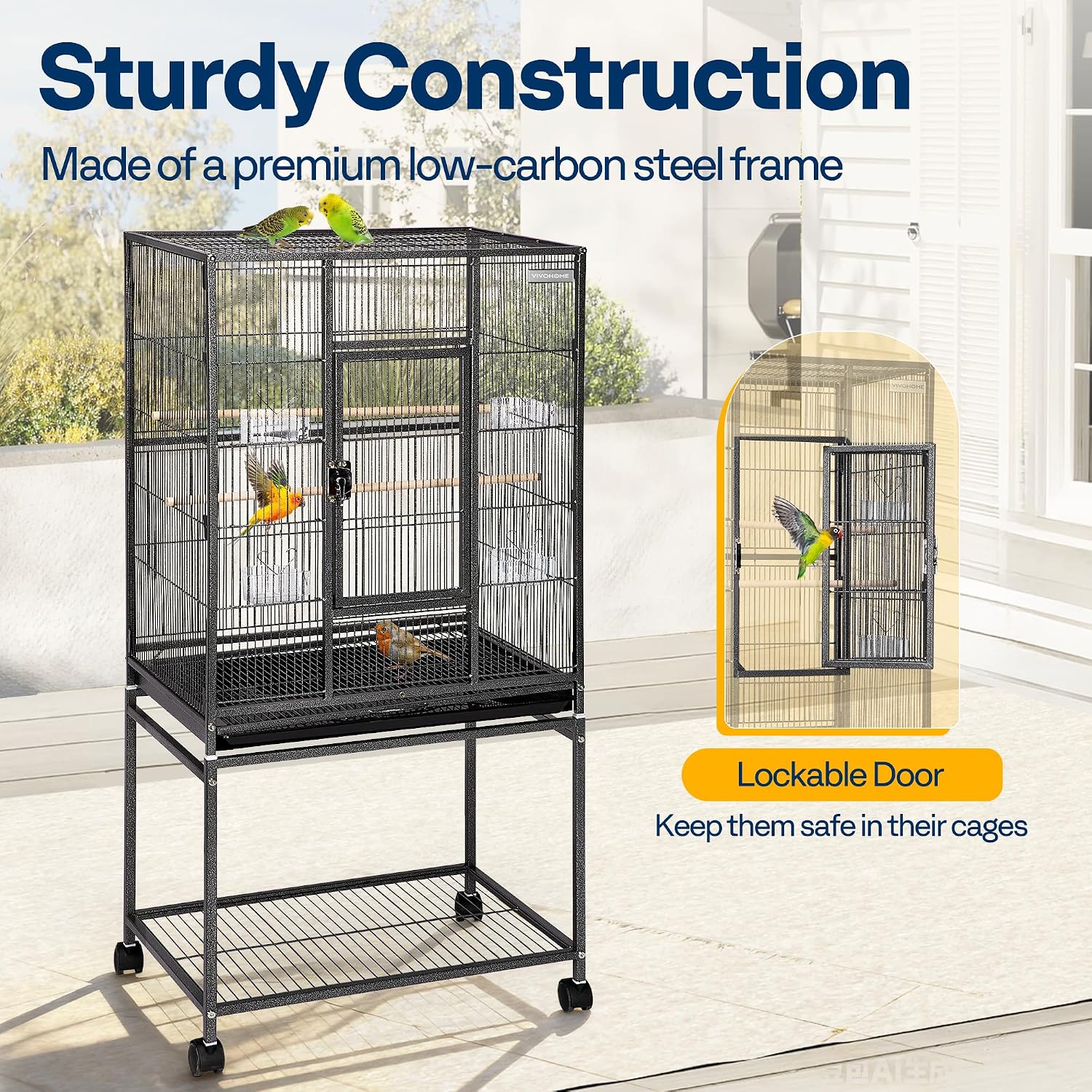 54 Inch Wrought Iron Large Bird Cage with Rolling Stand | Bird Flight Cage with Stand, Casters, Slide-out Tray for