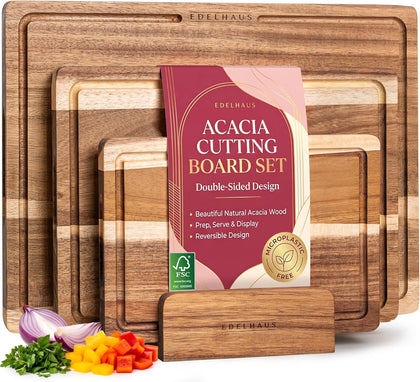 Acacia Wood Cutting Board for Kitchen, Non-Toxic Cutting Board Set of 3, Chopping Boards with Deep Juice Groove for