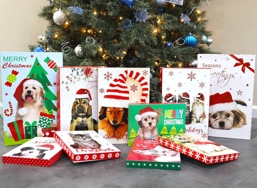 10-Pack Printed Christmas Gift Boxes, 3-Sizes, Santa Paws Animals Pets Cats Dogs Design
