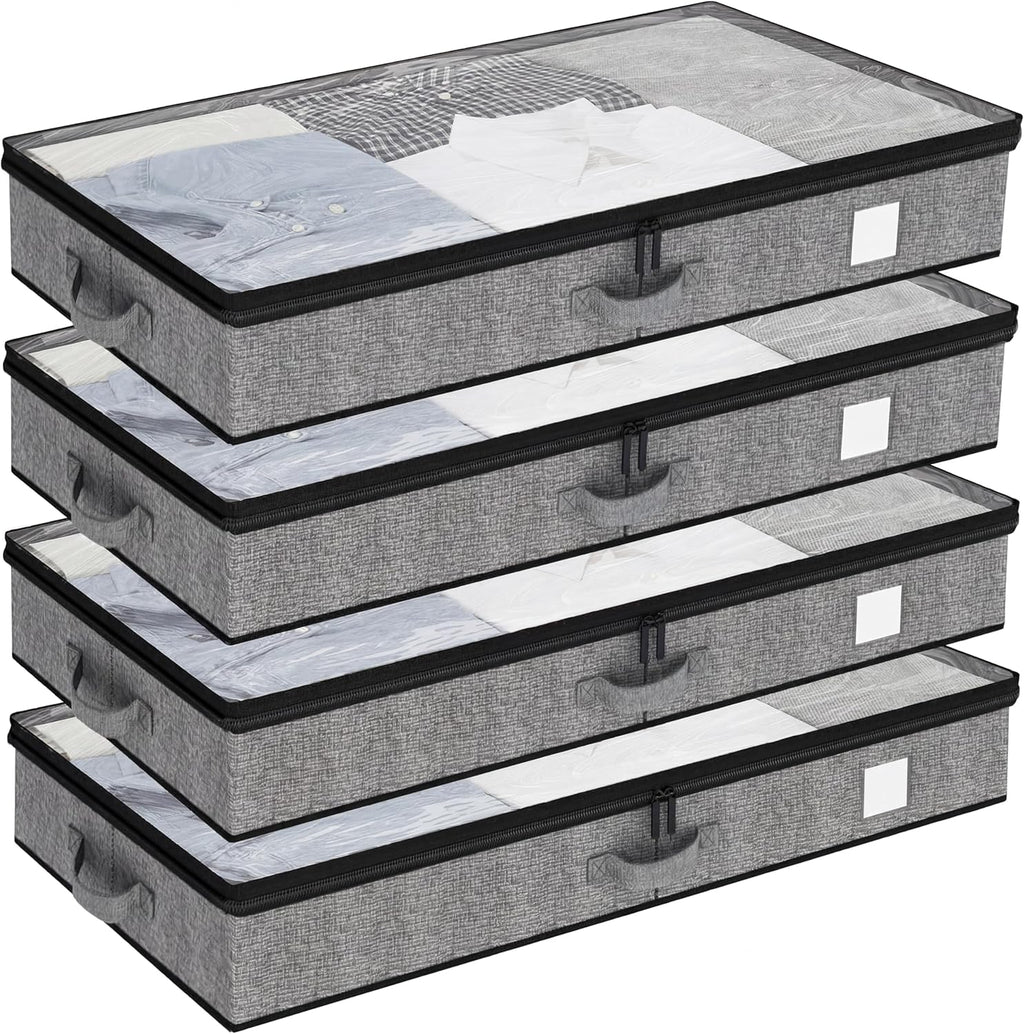 Under Bed Storage Containers 4 Pack, Reinforced Underbed Organizer Below 4.5 Inches Low Profile Clothes Storage Bins