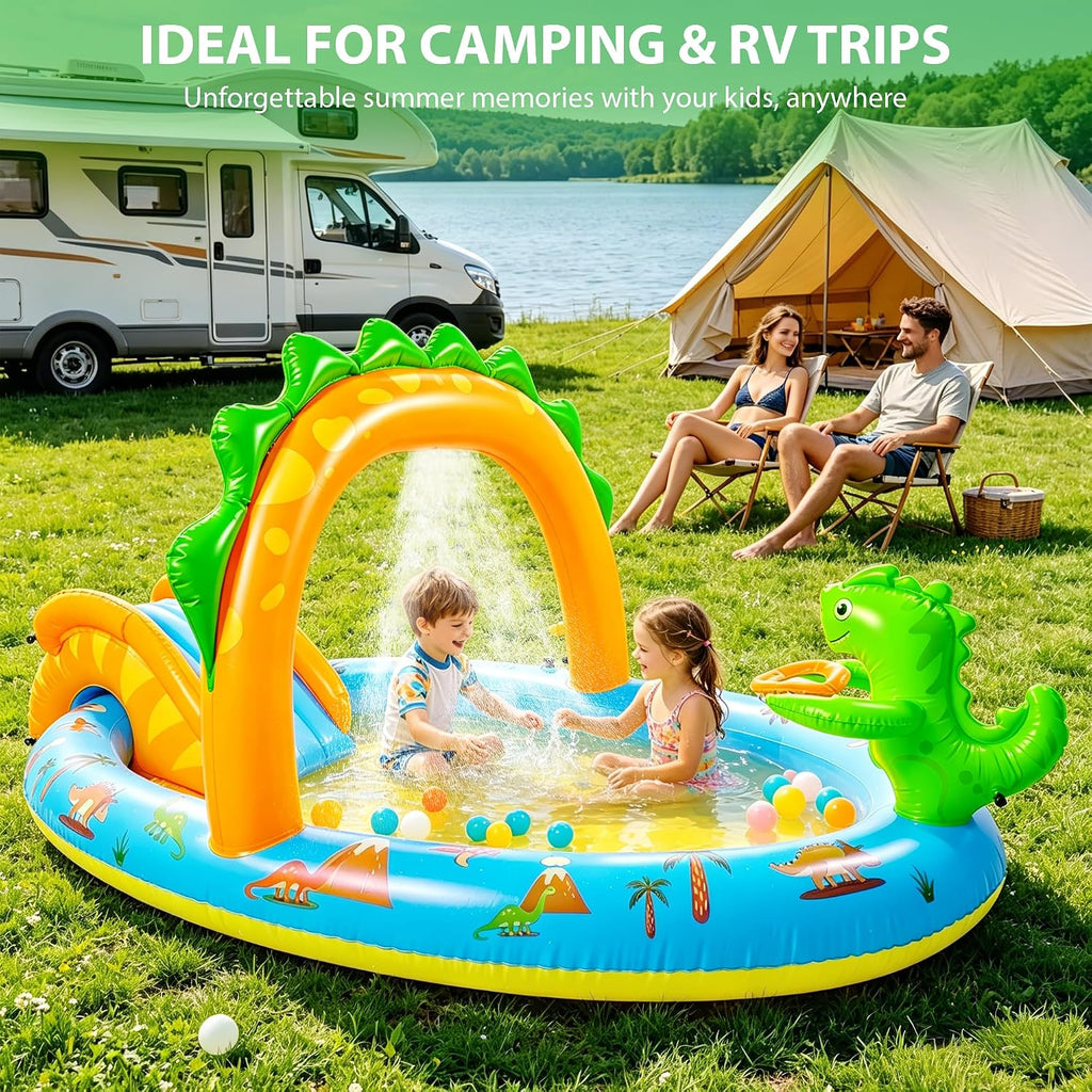 2026 Inflatable Dinosaur Play Center Kiddie Pool with Slide and Sprinkler for Children, Toddler Blow Up Splash Pad
