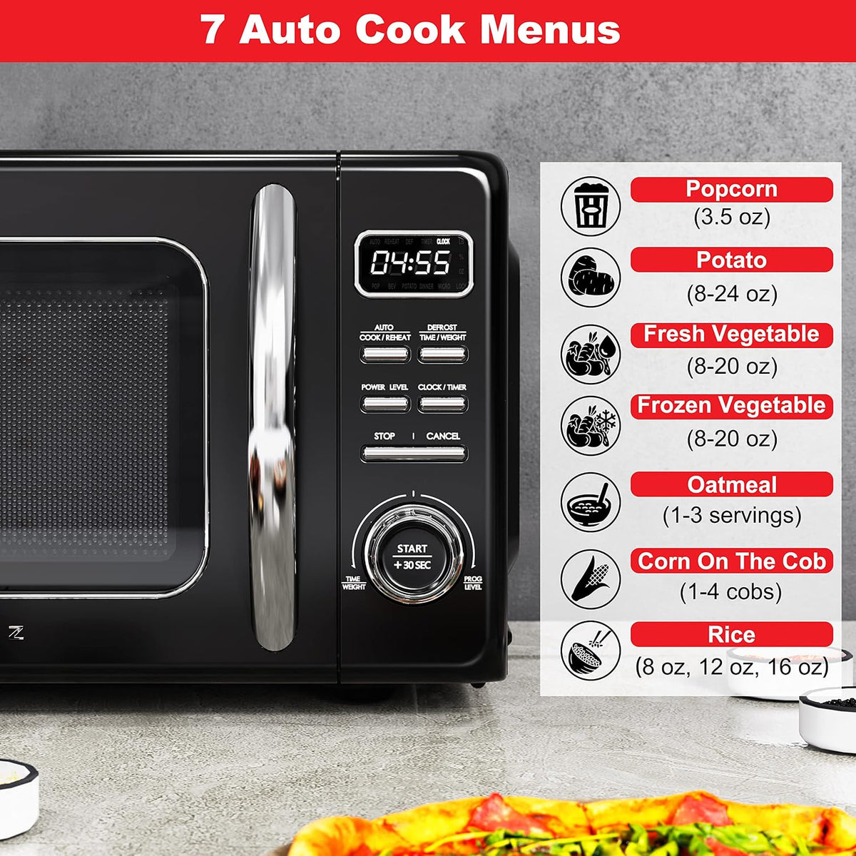 GLCMKZ09BKR09 Retro Countertop Microwave Oven with Auto Cook & Reheat, Defrost, Quick Start Functions, Easy Clean
