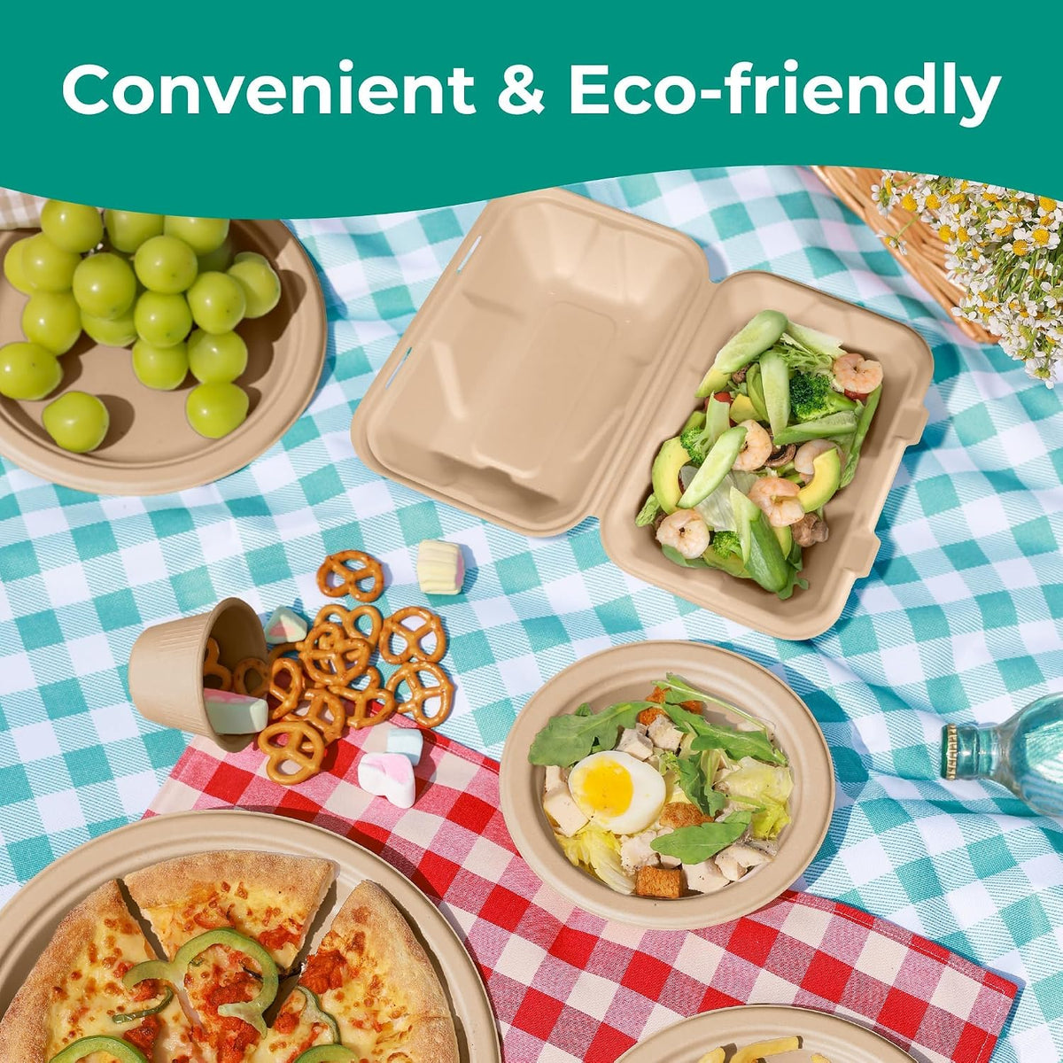 100 Pack 9x6 Compostable To Go Food Containers, Disposable To Go Boxes for Food, Lunch Boxes, Clamshell Take Out