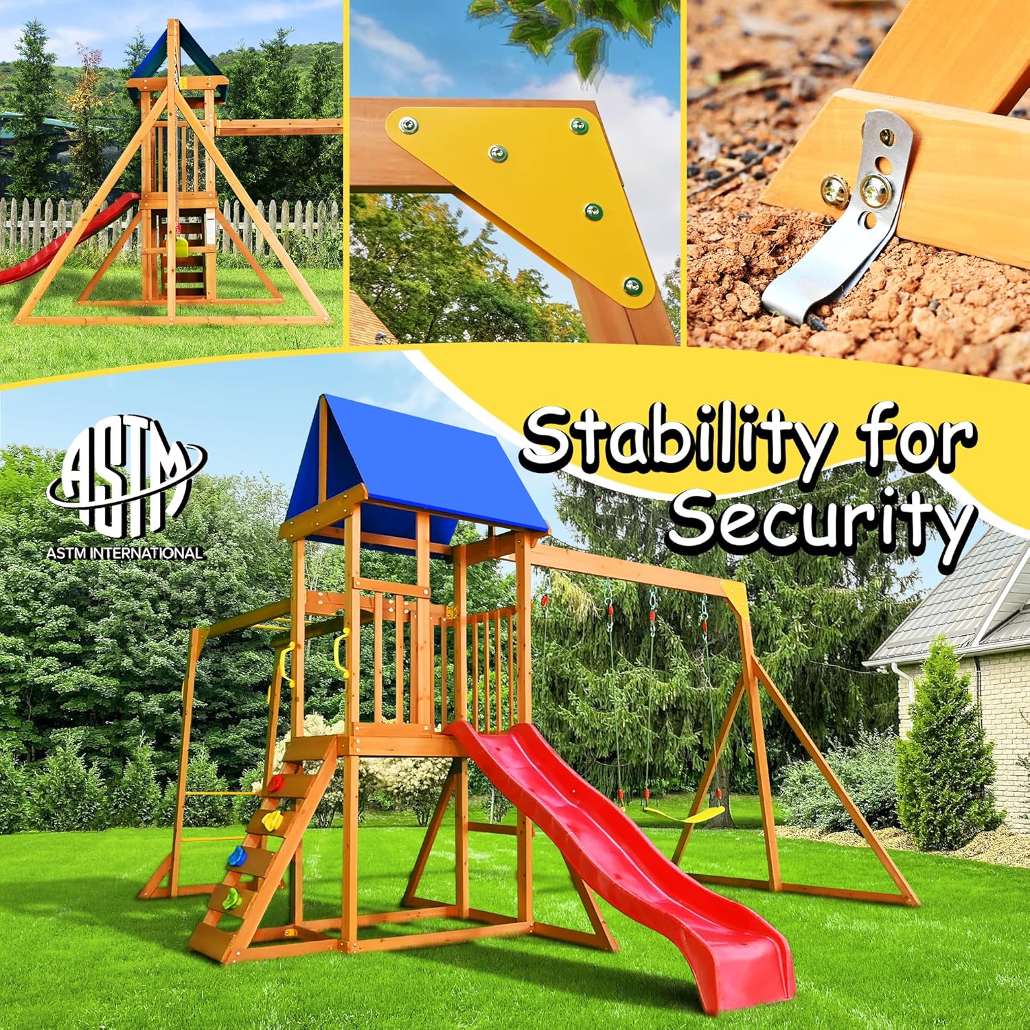 Wooden Swing Sets for Backyard, Kids Outdoor Playground Set with Monkey Bars, Wave Slide, 2 Belt Swings, Climbing