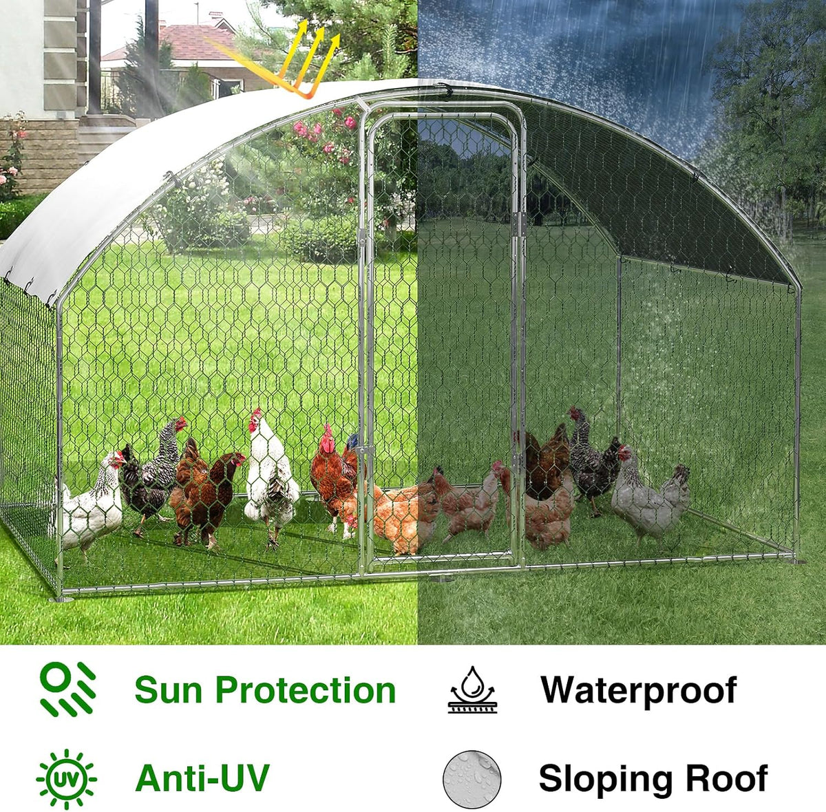 Metal Chicken Run, 9.8 x 6.5 x 6.5 Ft Metal Chicken Coop for Yard with Waterproof and Anti-Ultraviolet Cover, Dome