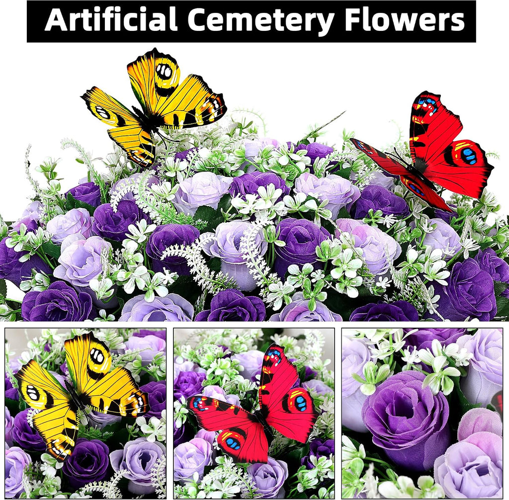 Artificial Cemetery Flowers for Grave,Large Headstone Flower Saddle Realistic Grave Flowers Memorial Silk Rose