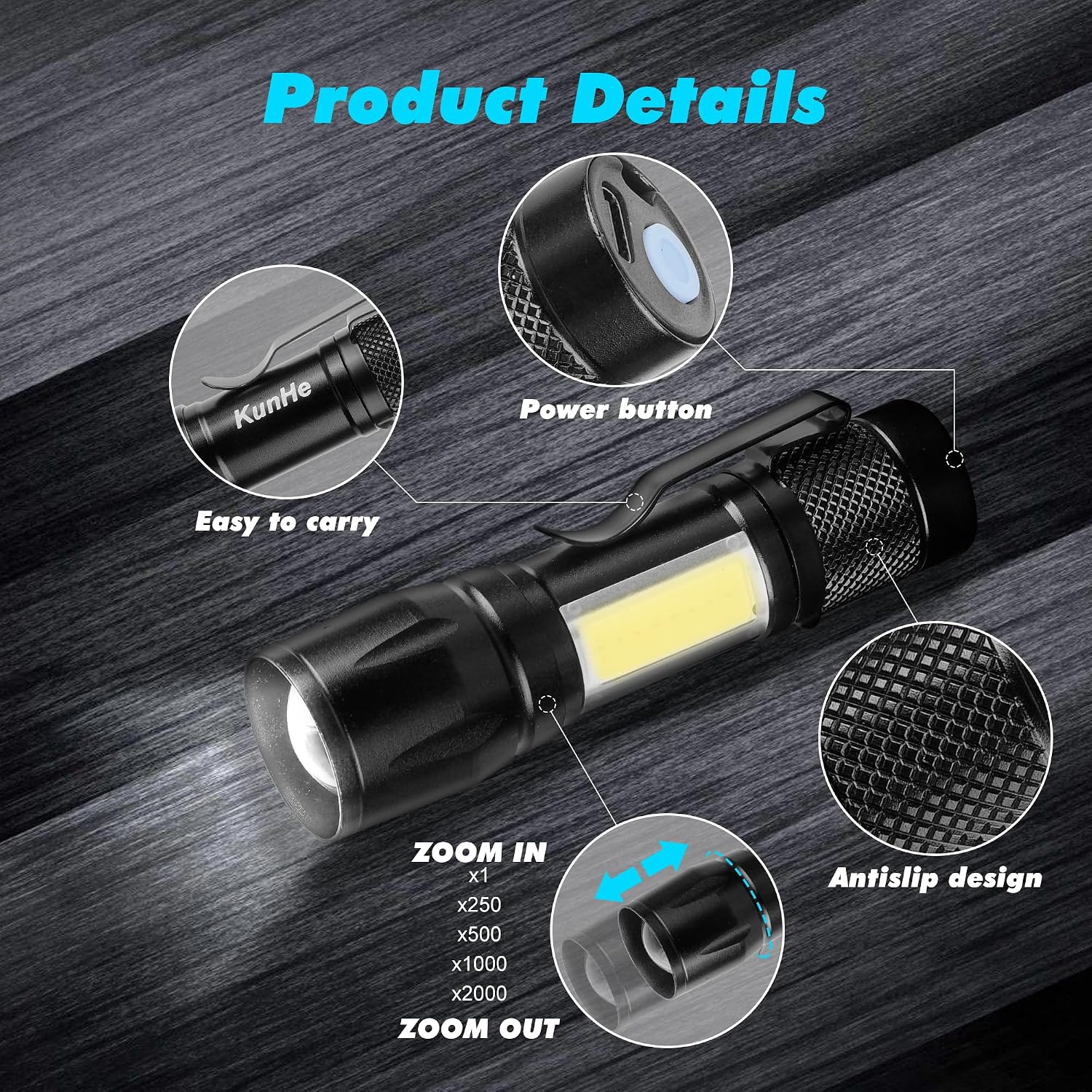 4 Pack Rechargeable Flashlights Zoomable mini Small Bright Clip-On Light EDC Flash Light with Side COB Light for